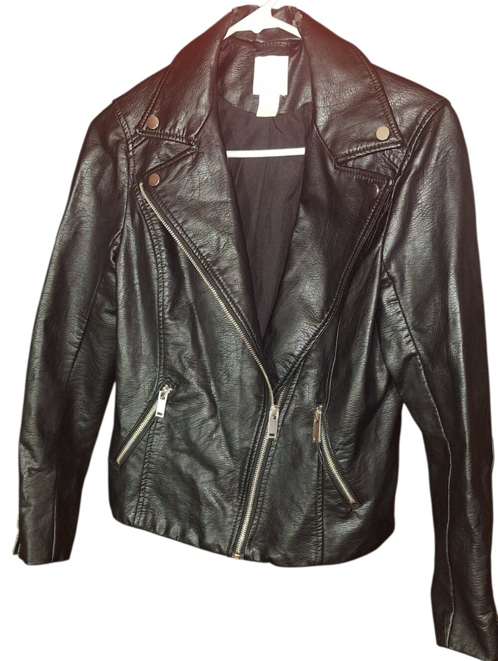 H&M Moto Jacket Size 4 Black Vegan Faux Leather Motorcycle Zippers Lined Biker